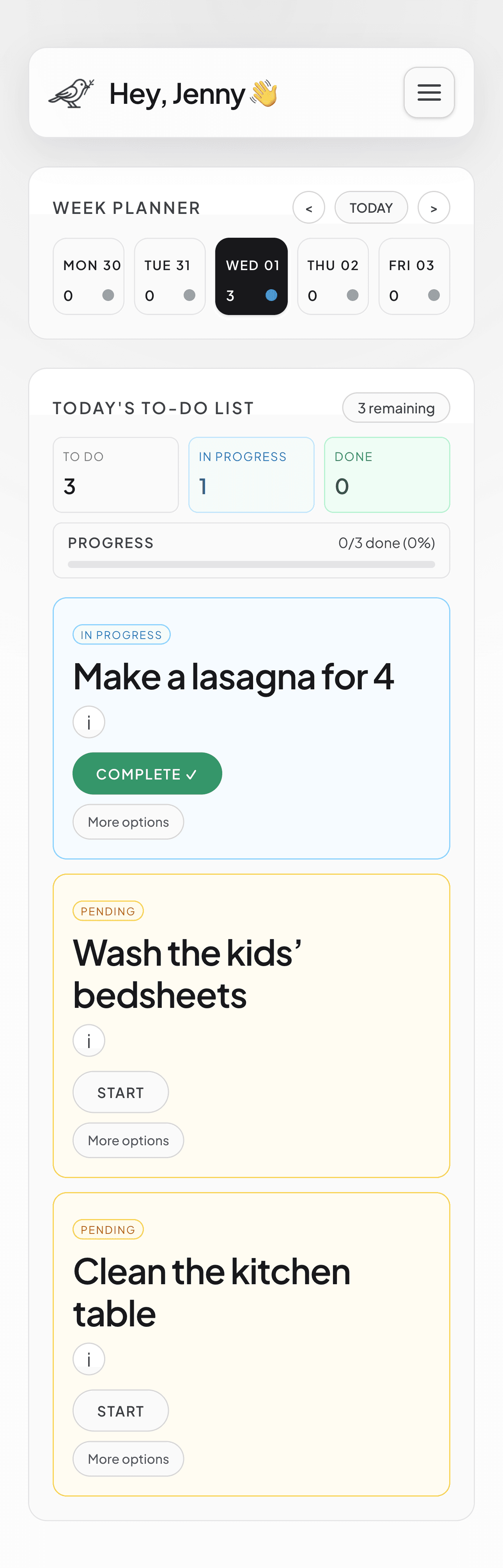 Housekeeper mobile screenshot with today's to-do list
