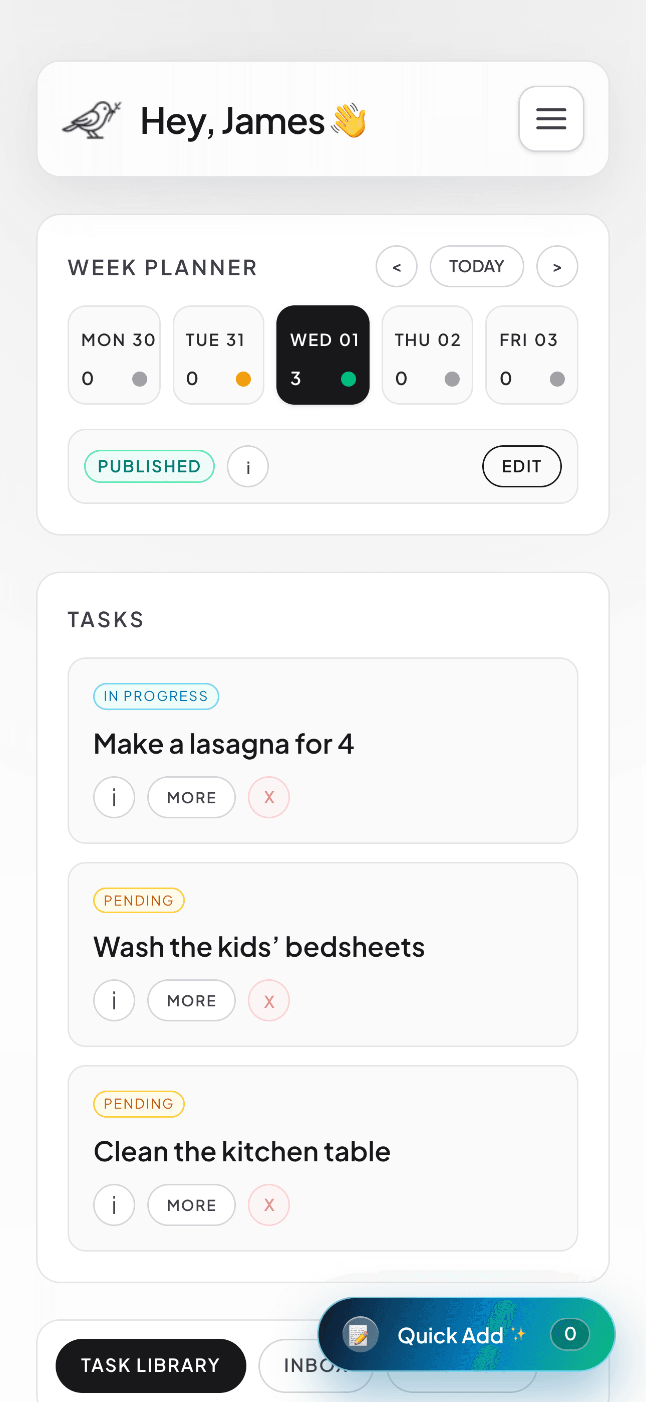 Admin planner screenshot with week planner and task statuses