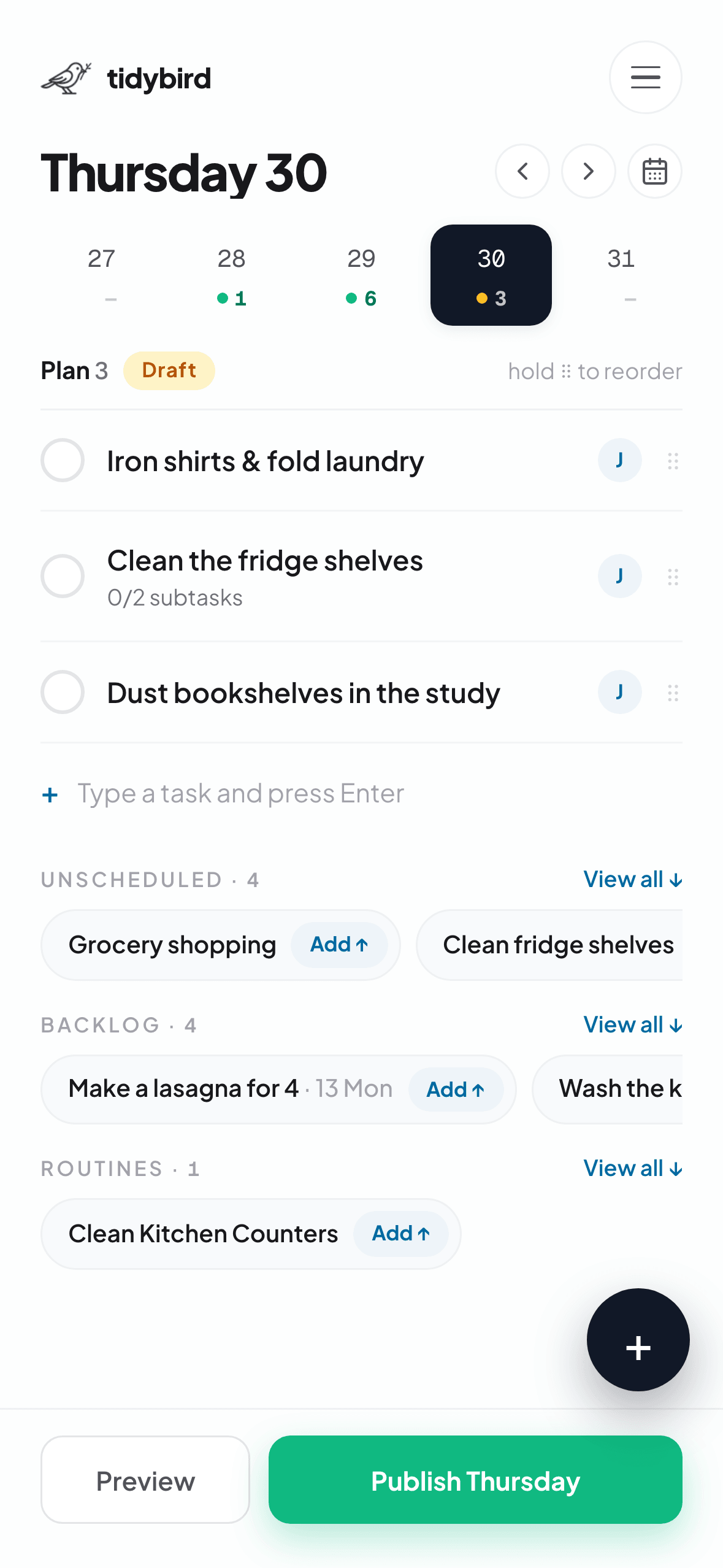 tidybird admin planner with a week view and prioritized tasks