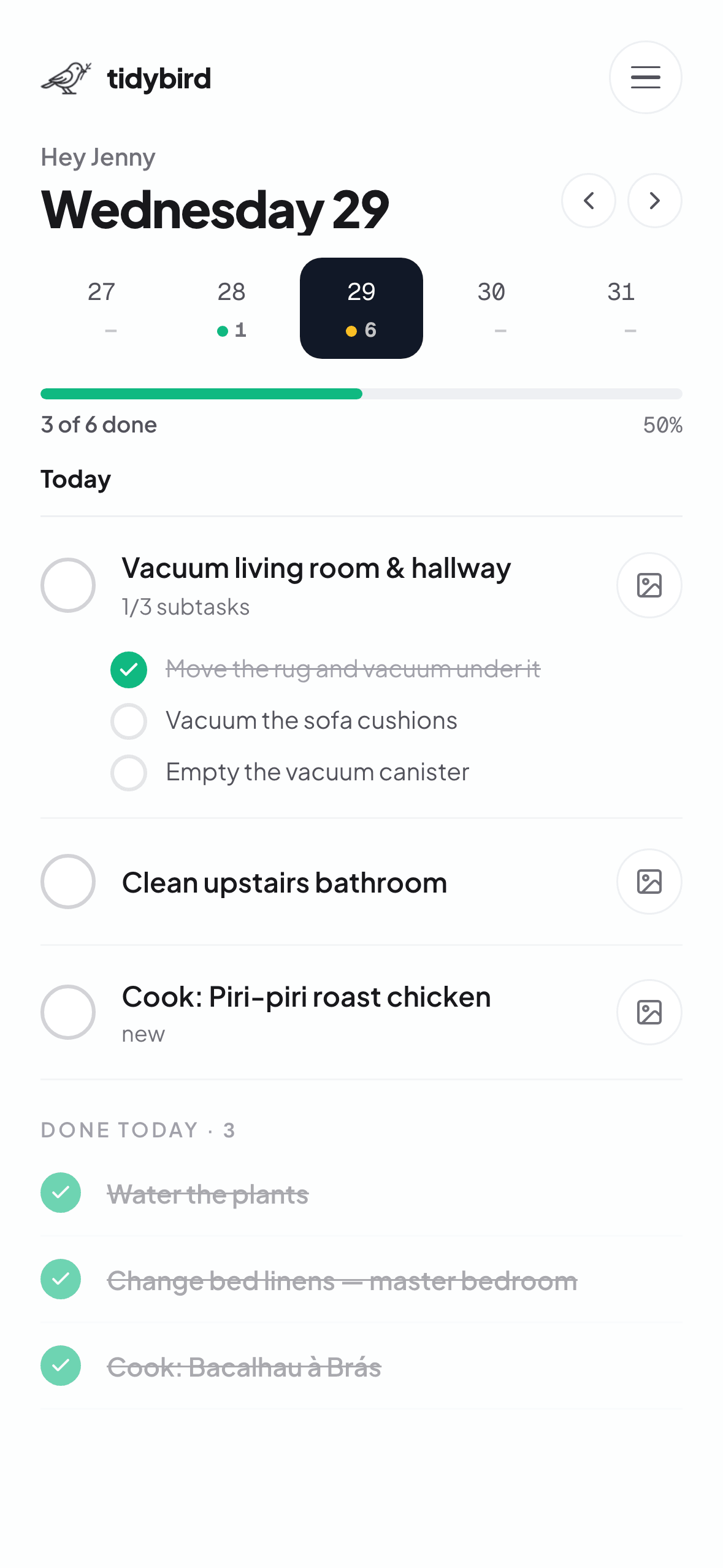 tidybird housekeeper view with today's to-do list and progress
