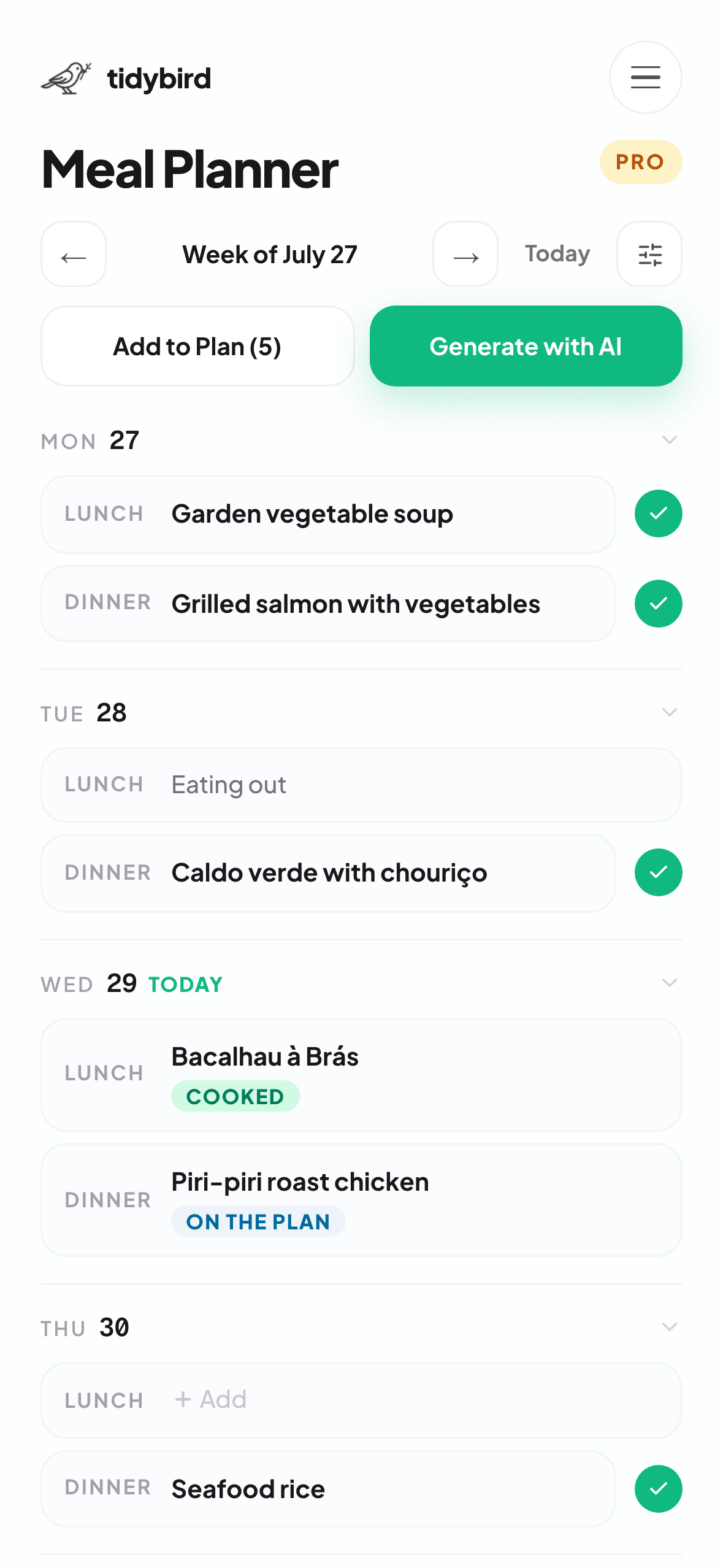 tidybird meal planner with a week of lunches and dinners and AI generation